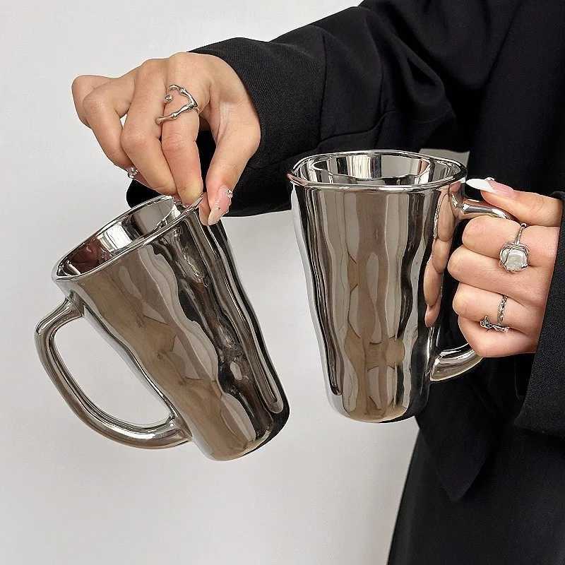 Creative Silver Mug with Handle Milk Cup Coffee Cup Modern Simple Universal Water Cups Drinkware Home Decoration Gift H260323