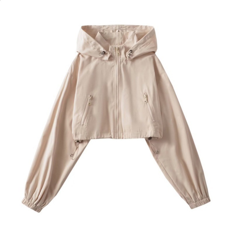 Autumn Gorpcore Cargo Stylish Black Hooded Cropped Top Windbreaker Women Zipper Bomber Jacket Coat Pink Green Beige 240820