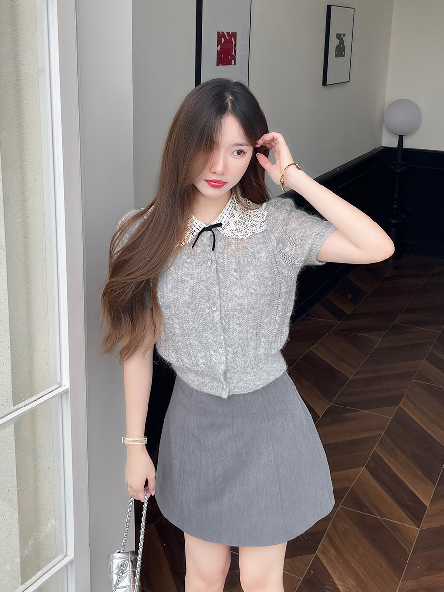 Woolen Solid Color Elegant Short-sleeved Knitted Polo Cardigan For Women Early Autumn Ladylike Designer Hoodie Designer T-shirt Thin Slim-fit Short Coat For Women
