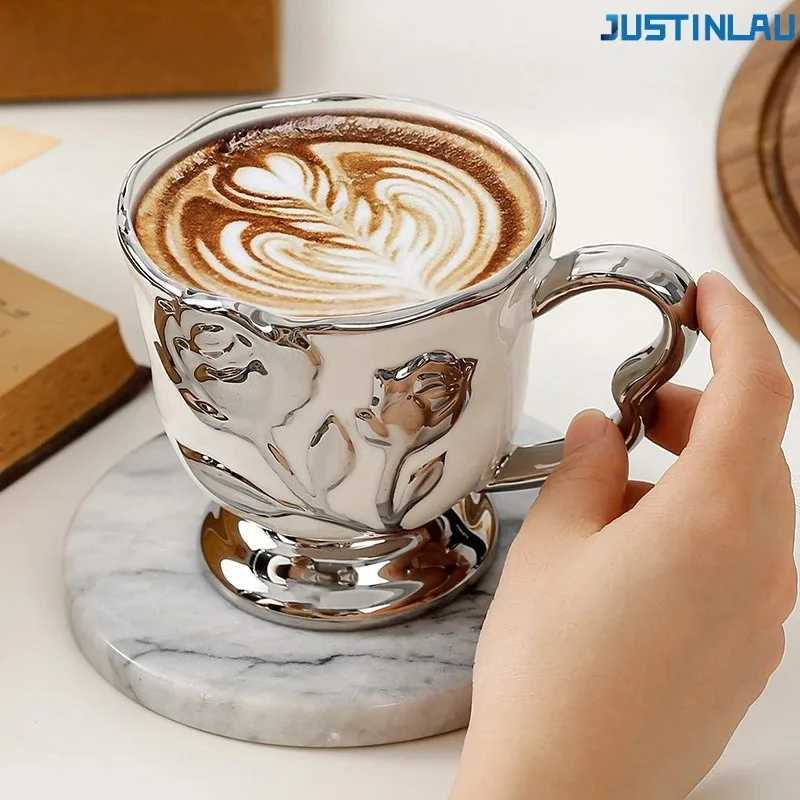 JUSTINLAU 450ml Rose Relief Coffee Mug Ceramic Light Luxury Style Retro Rose Carved Cup Desktop Cup A Must-have Gift for Couples H260323