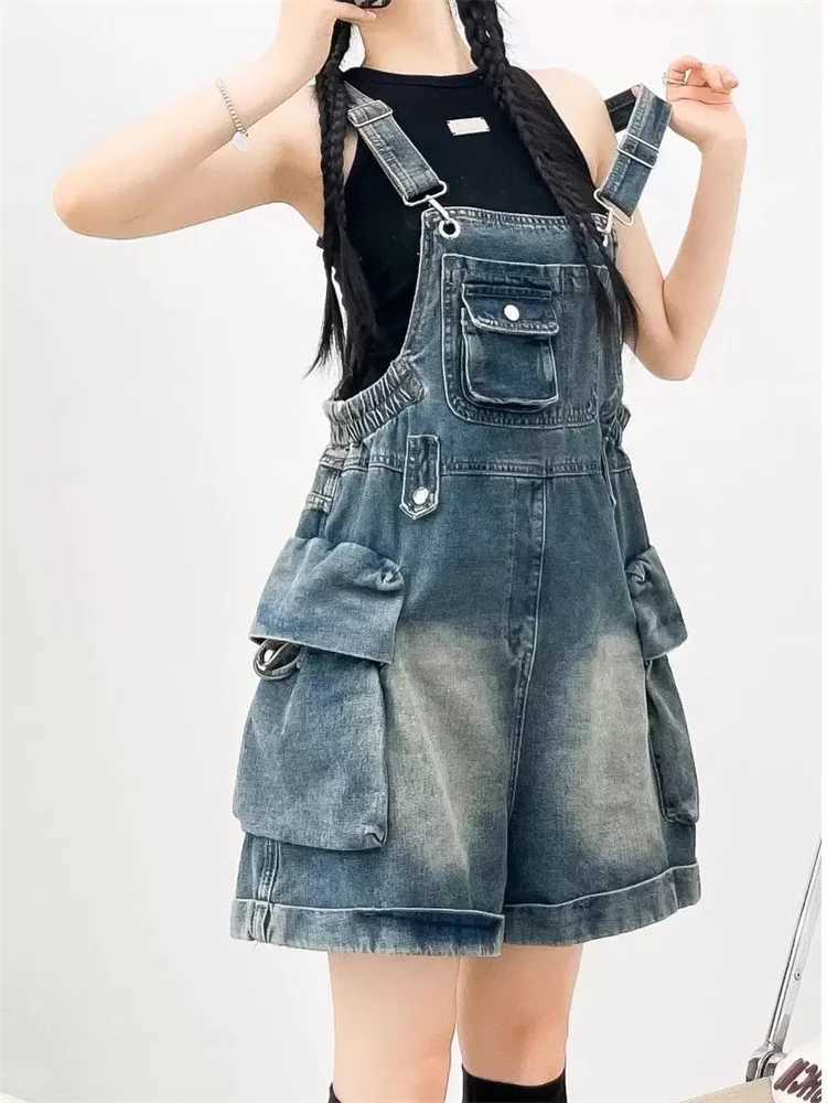 American Vintage Denim Overalls Women Fashion Wide Leg Jumpsuit Slim Fit Loose Design Youthful Style Short Romper M260323