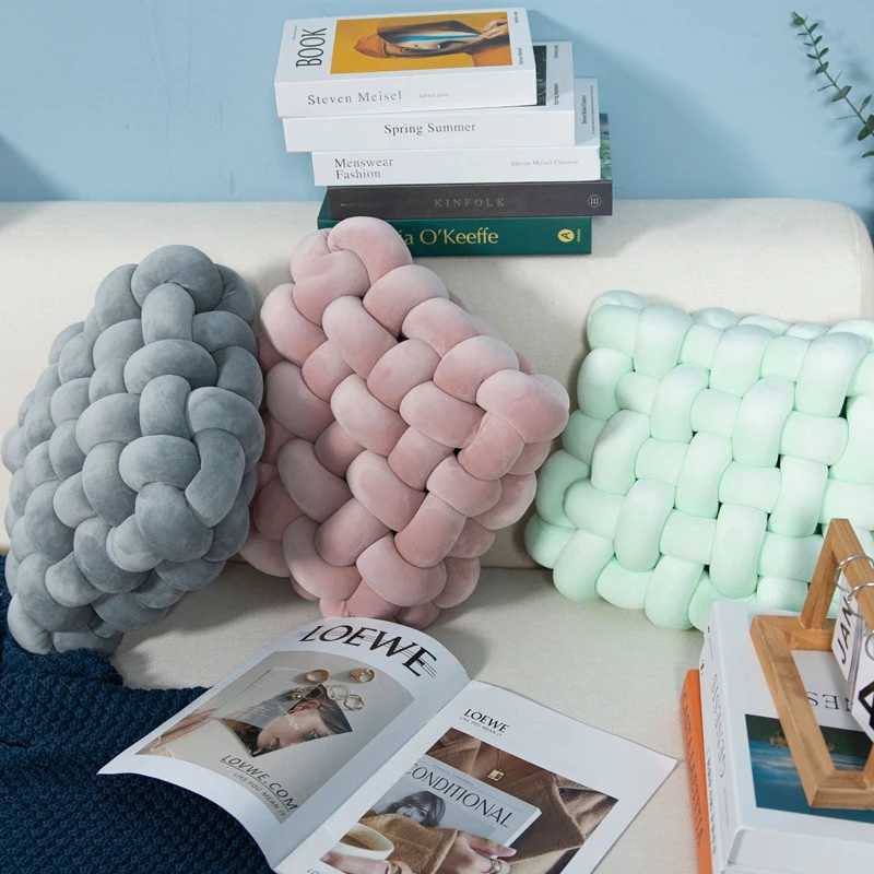 Pink Gift Velvet Light Luxury Knotted Square Cushion Soft Seat Pad for Living Room Backrest and Bay Window Geometric Pattern H260323