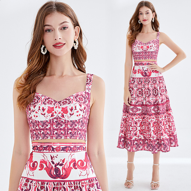 Summer Print Splice Color Block 3D Strapless Top with Bra Pad Mini Skirt Two-Piece Set Floral Patterned Half-length Skirts 250402