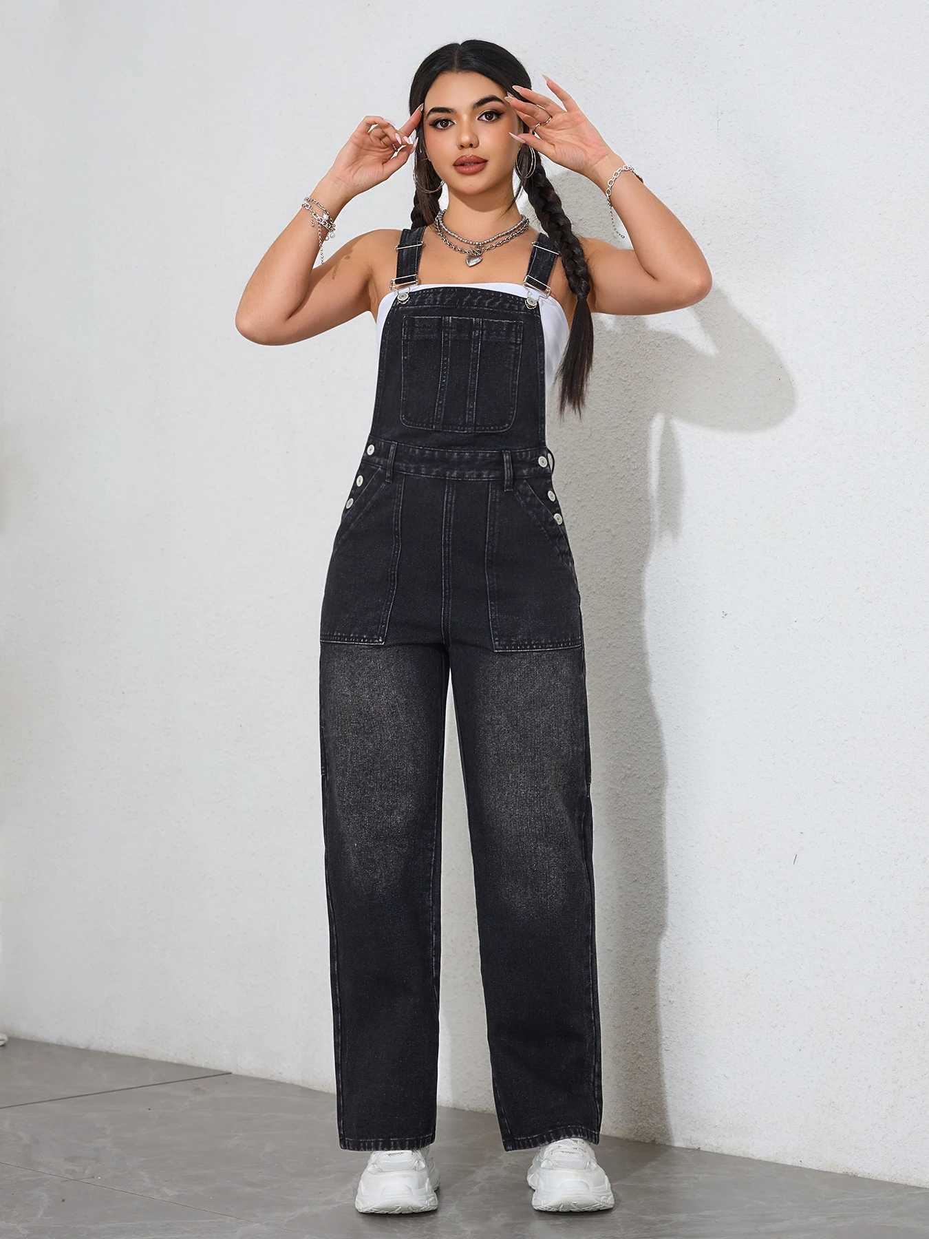 2025 Vintage Washed Womens Denim Overalls - Adjustable Straps Wide Leg Dungaree Jumpsuit Casual Workwear Romper Outfit M260323