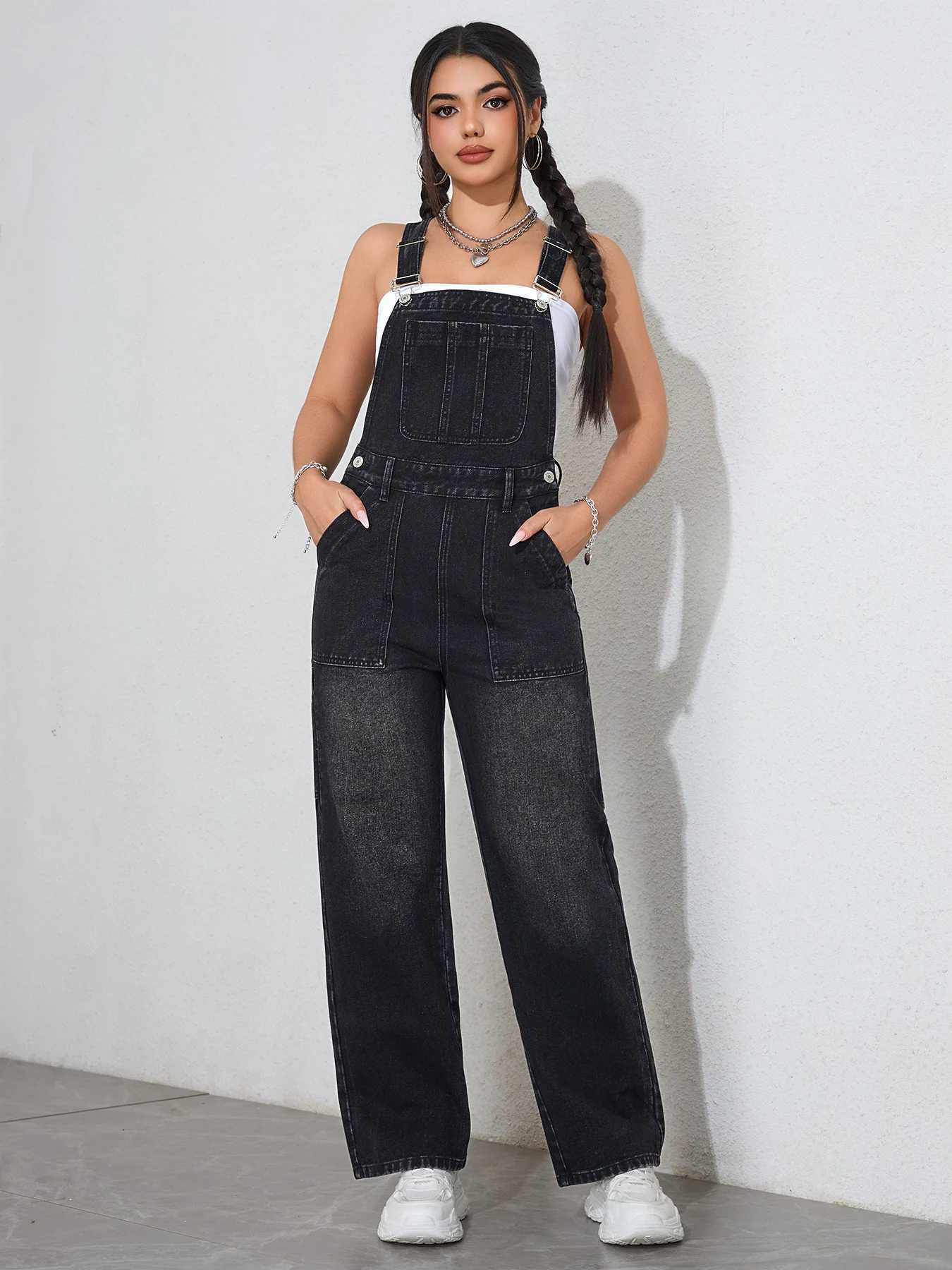 2025 Vintage Washed Womens Denim Overalls - Adjustable Straps Wide Leg Dungaree Jumpsuit Casual Workwear Romper Outfit M260323
