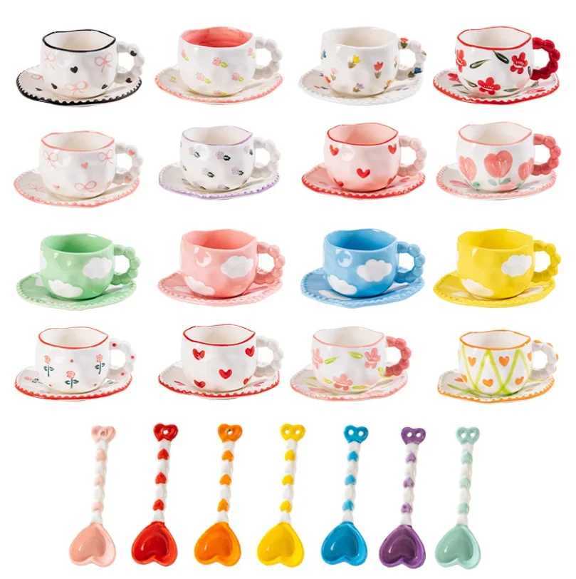 1Set Asymmetrical Hand-Kneaded Flower Coffee Cup and Saucer Niche Design Bow Coffee Cup and Saucer Exquisite High-End Coffee Cup H260323