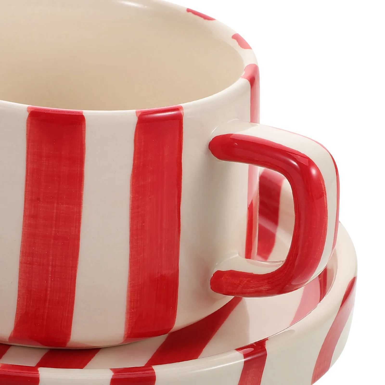 1Set Ceramic Coffee Cup Striped Pattern Office Afternoon Tea Latte Art Mug Saucer Set Creative Ceramic Coffee Cup H260323