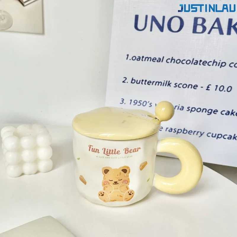 JUSTINLAU Cartoon Butter Teddy Bear Cup Couple Ceramic Cup Suitable for Girls High-value Mug with Lid Spoon Office Water Cup D260323