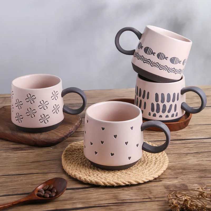 Underglaze Hand Painted Ceramic Mug Set Coarse Pottery Cute Pattern Large Coffee Cup for Couples Matching Pair Gift H260323