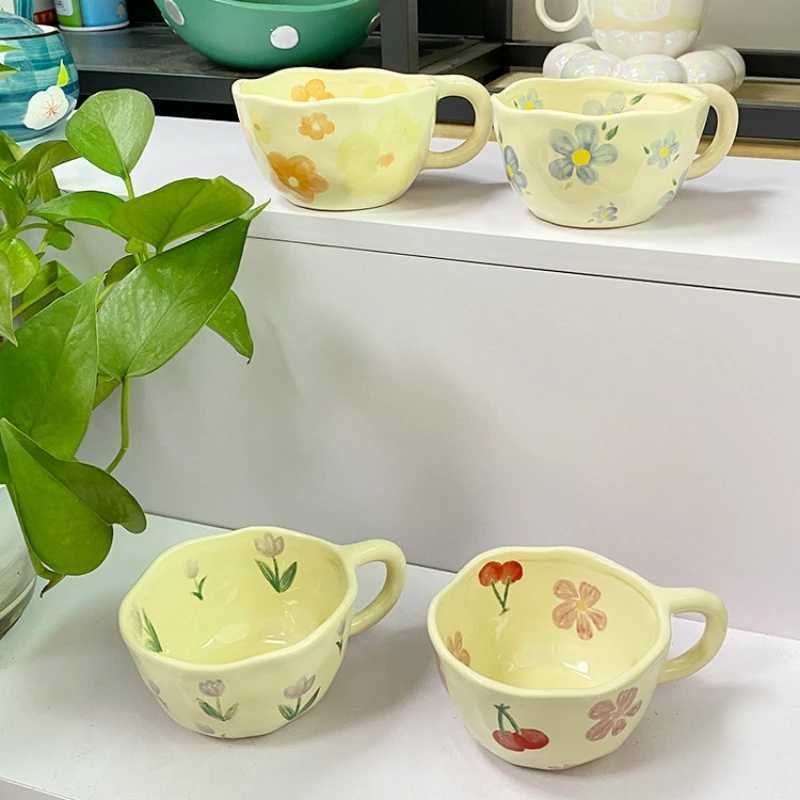 Ceramic Mugs Irregular Flower Coffee Milk Yellow Hand Pinched Cups Cute Korean Style Oat Breakfast Juice Black Tea Kawaii Cup D260323