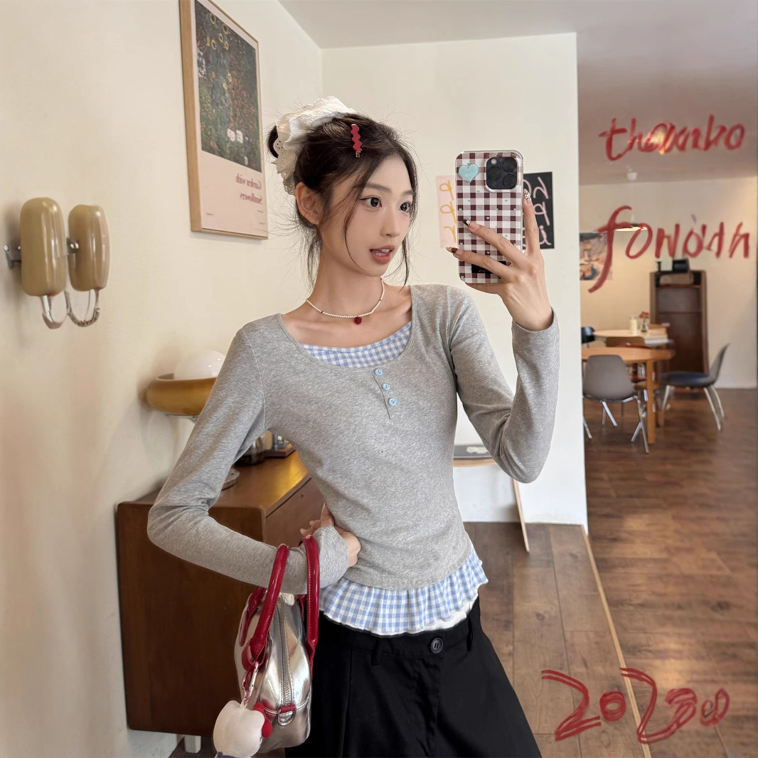 Gray Faux Designer Hoodie Two-piece Top For Women Spring New Style Plaid Patchwork Polo Designer T-shirt Design Long-sleeve T-shirt Suitable For Outerwear