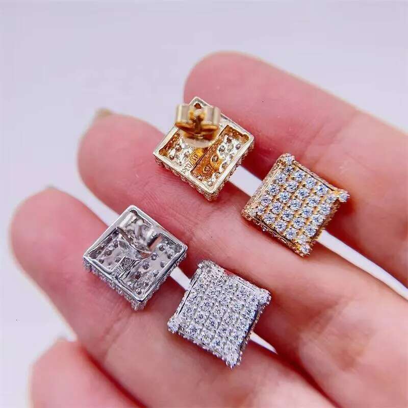 10K Solid Real Gold 13MM Square Hip Hop VVS Diamonds Iced Out Moissanite Earrings Men
