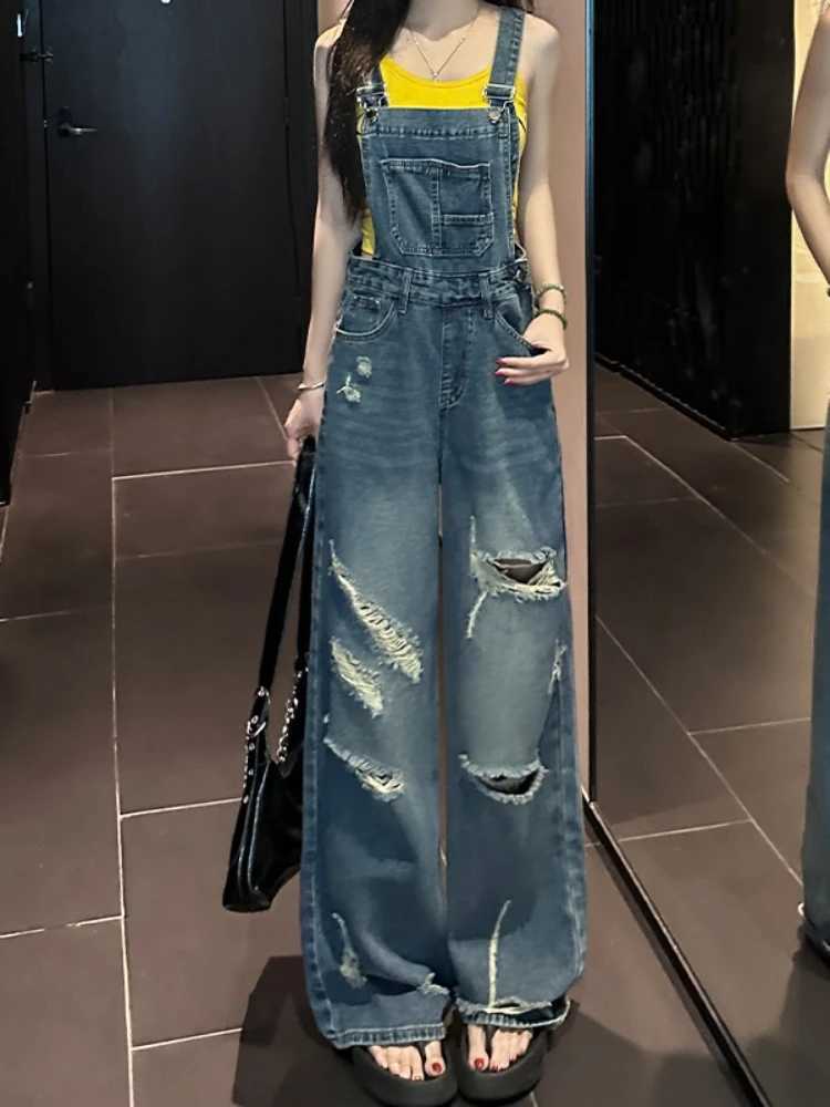 American style retro ripped denim overalls womens summer new design sense loose cargo one-piece wide leg floor pants M260323