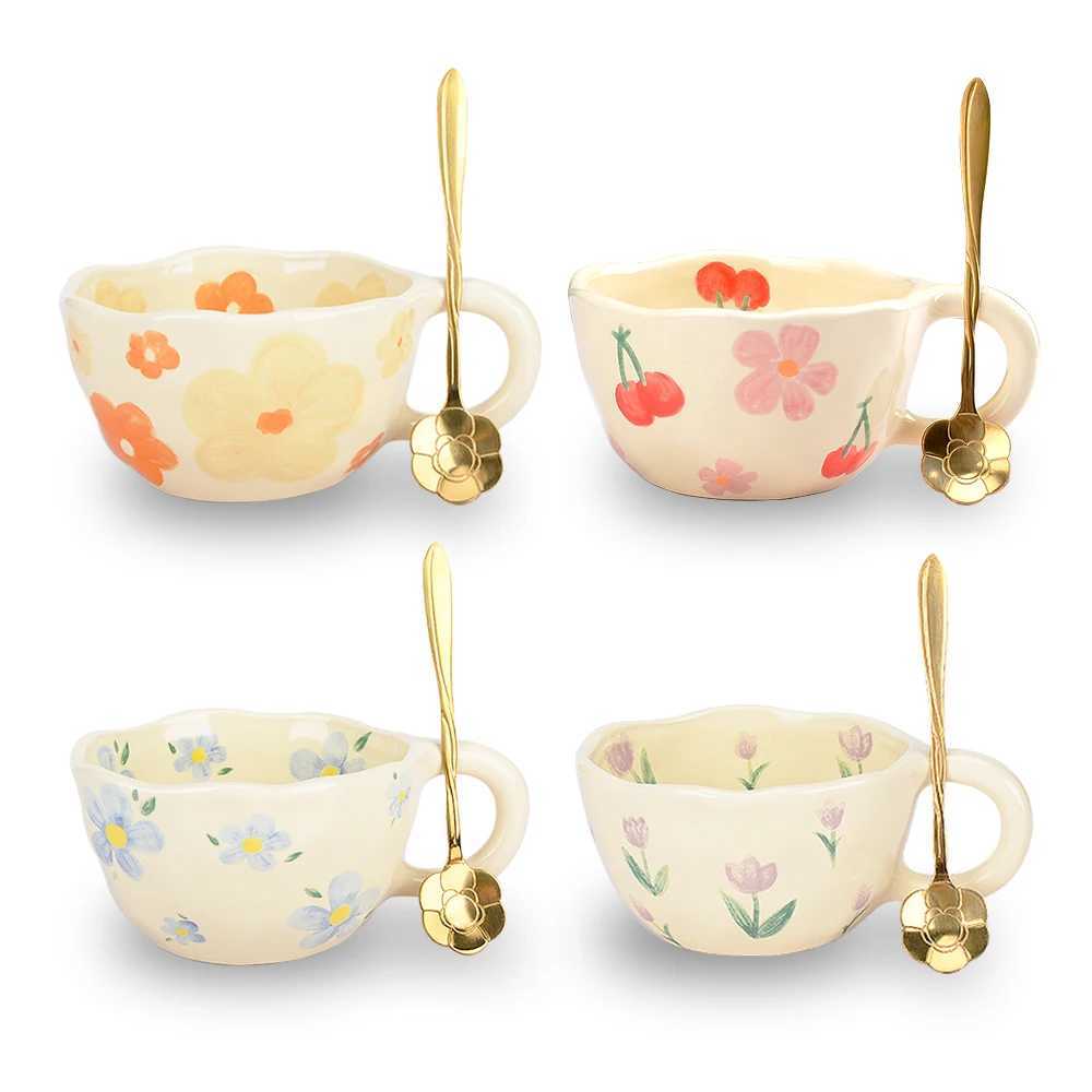 Ceramic Mugs Coffee Cups Hand Pinched Irregular Flower Milk Tea Cup Ins Korean Style Oatmeal Breakfast Mug Drinkware Kitchen H260323