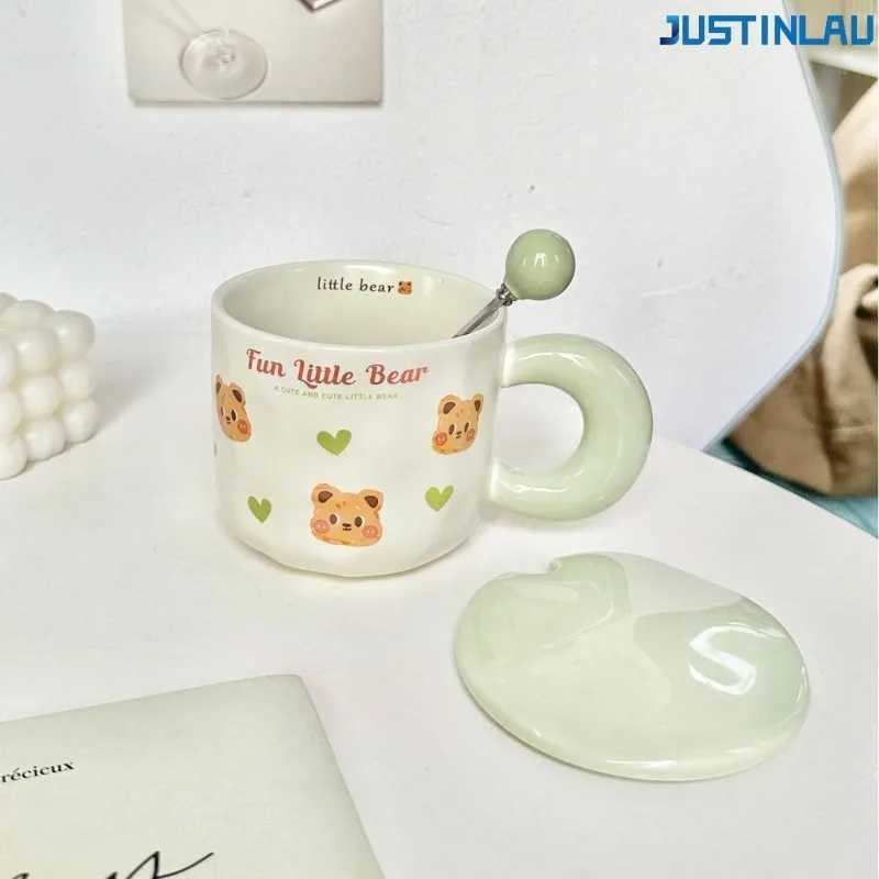 JUSTINLAU Cartoon Butter Teddy Bear Cup Couple Ceramic Cup Suitable for Girls High-value Mug with Lid Spoon Office Water Cup D260323