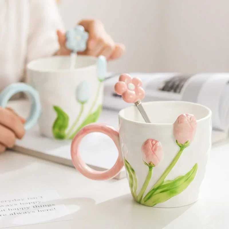 500ml 3D Tulip Pattern Ceramics Mug with Spoon Hand Carved Comfortable handle Coffee Cup Breakfast Milk oatmeal cup Girl Gift D260323