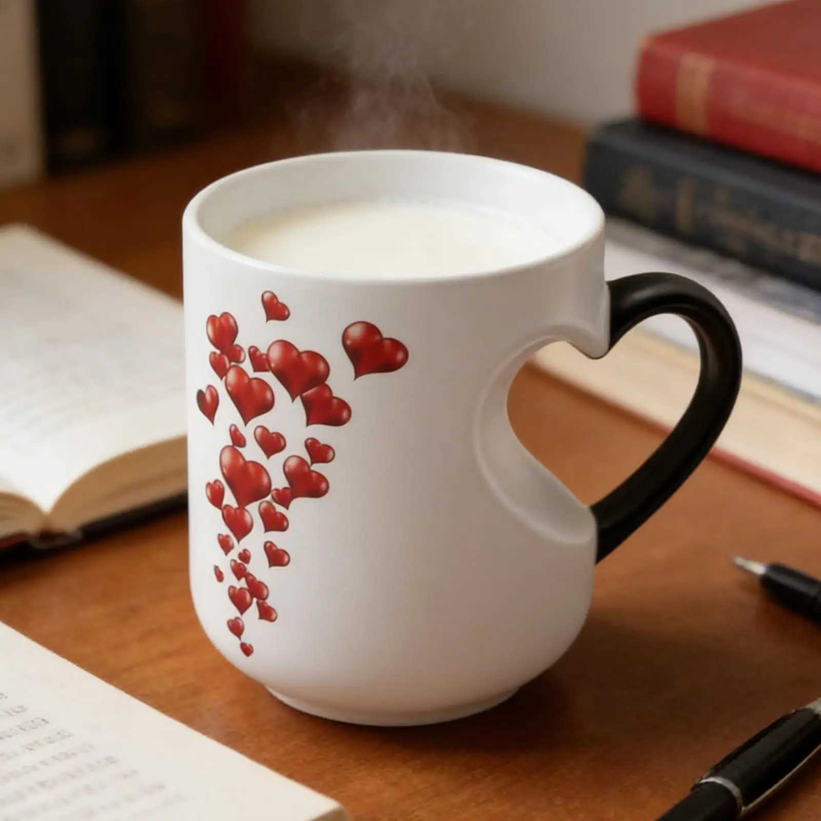 Color Changing Mug 325ml Heart Shape Beverage Container Ceramic Novelty Coffee Mugs with Handle for Couples Home Kitchen Travel D260323