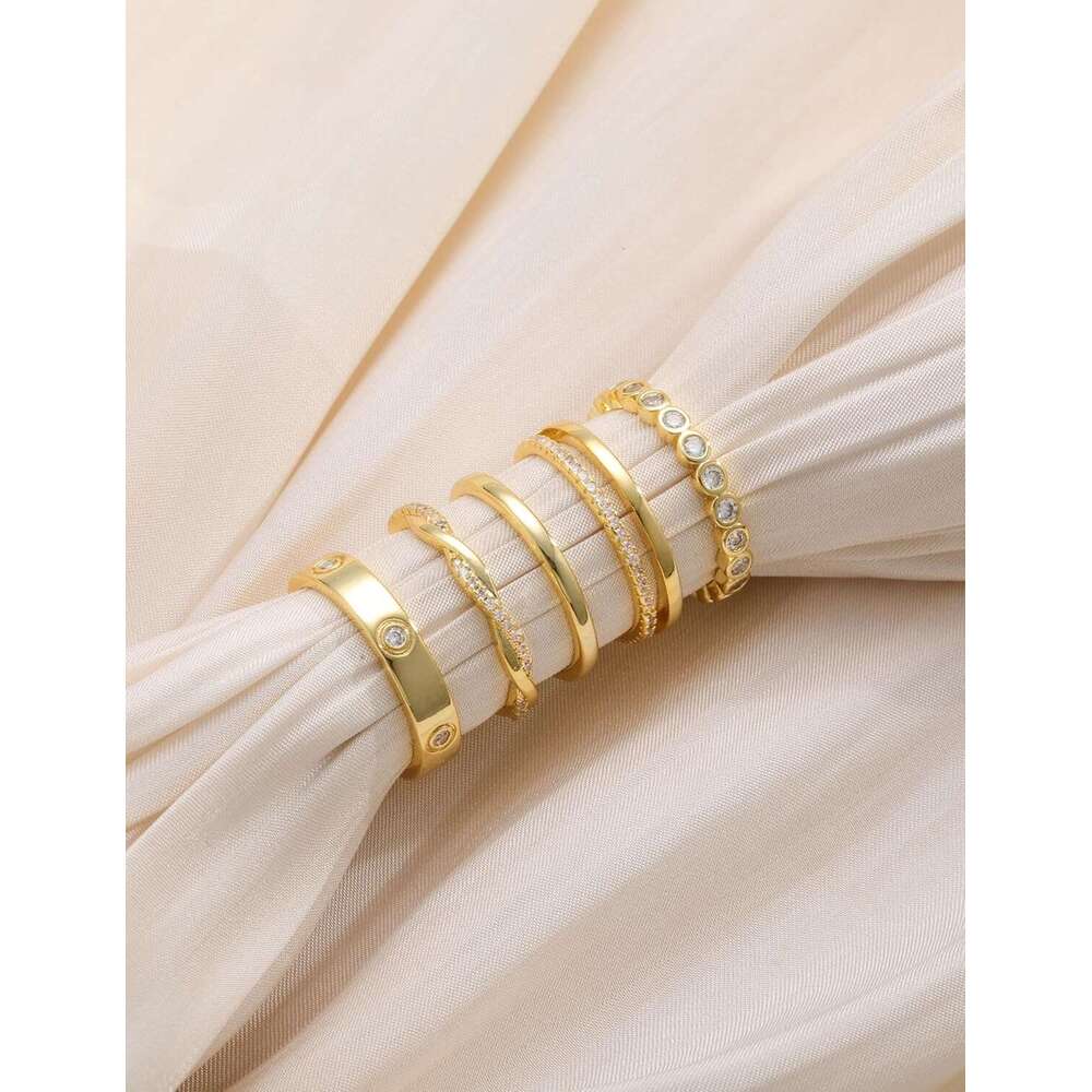 Stackable Rings Non Tarnish Dainty 14K Gold/Silver Plated Stacking Thumb Cubic Zirconia Eternity Wedding Band Rings Gold Jewelry Size 6-10 for Women