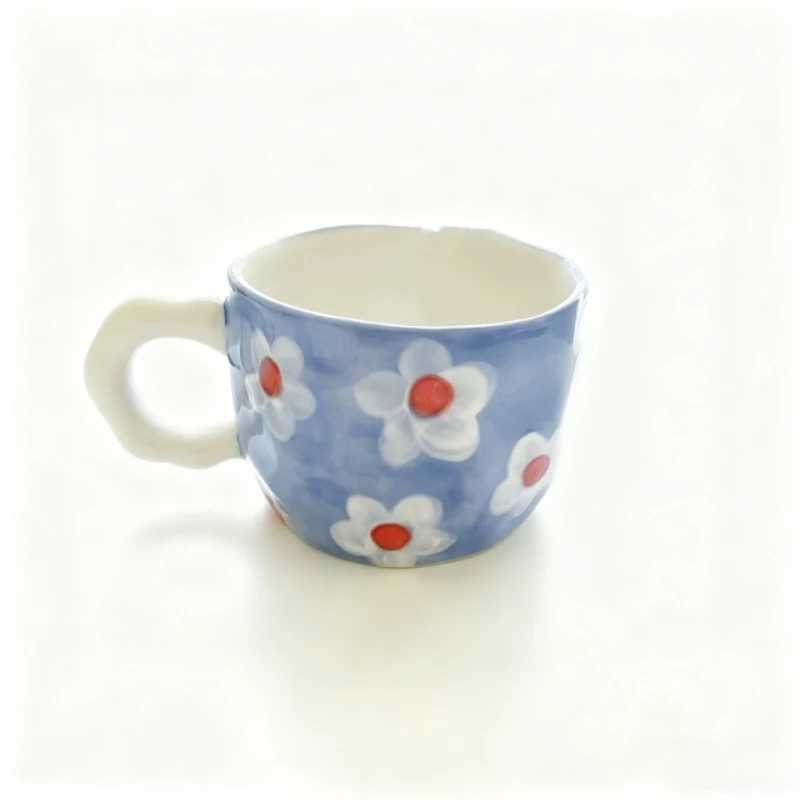 Rainbow Korean Ins Style Hand Pinched Irregular Ceramic Mugs Hand-painted Flower Coffee Cups Milk Tea Cup Valentines Day Gift H260323