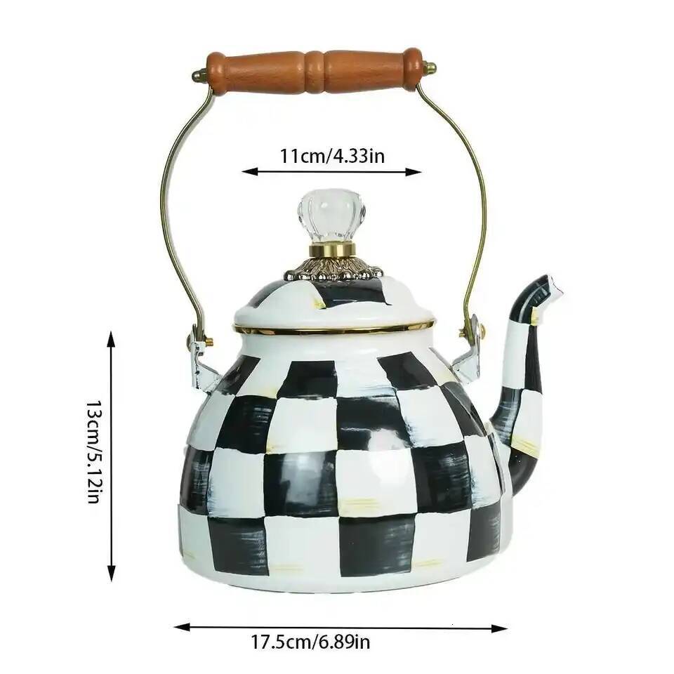 Classic Black And White Checkered Enamel Kettle With Wooden Handle And Diamond Shaped Lid 2.5L Large Capacity Tilted Spout All Season Kettle