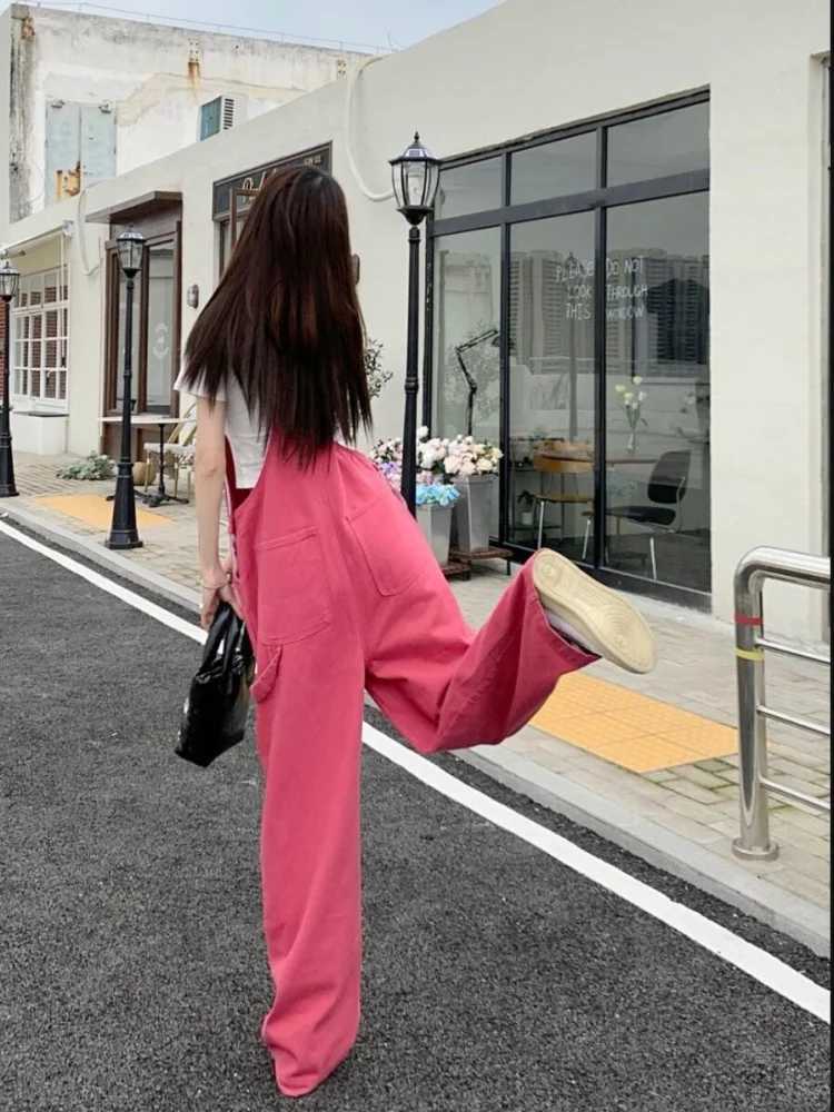 Pink Denim Overalls For Women Loose Slimming High Waist Straight Wide Leg Pants Student Style Jumpsuits M260323