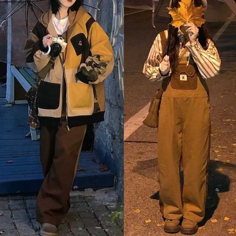 Vintage Kawaii Denim Jumpsuit Overalls Women College Style Girls Brown Blue Loose Casual Wide Leg Pants Jeans All Match Trousers M260323