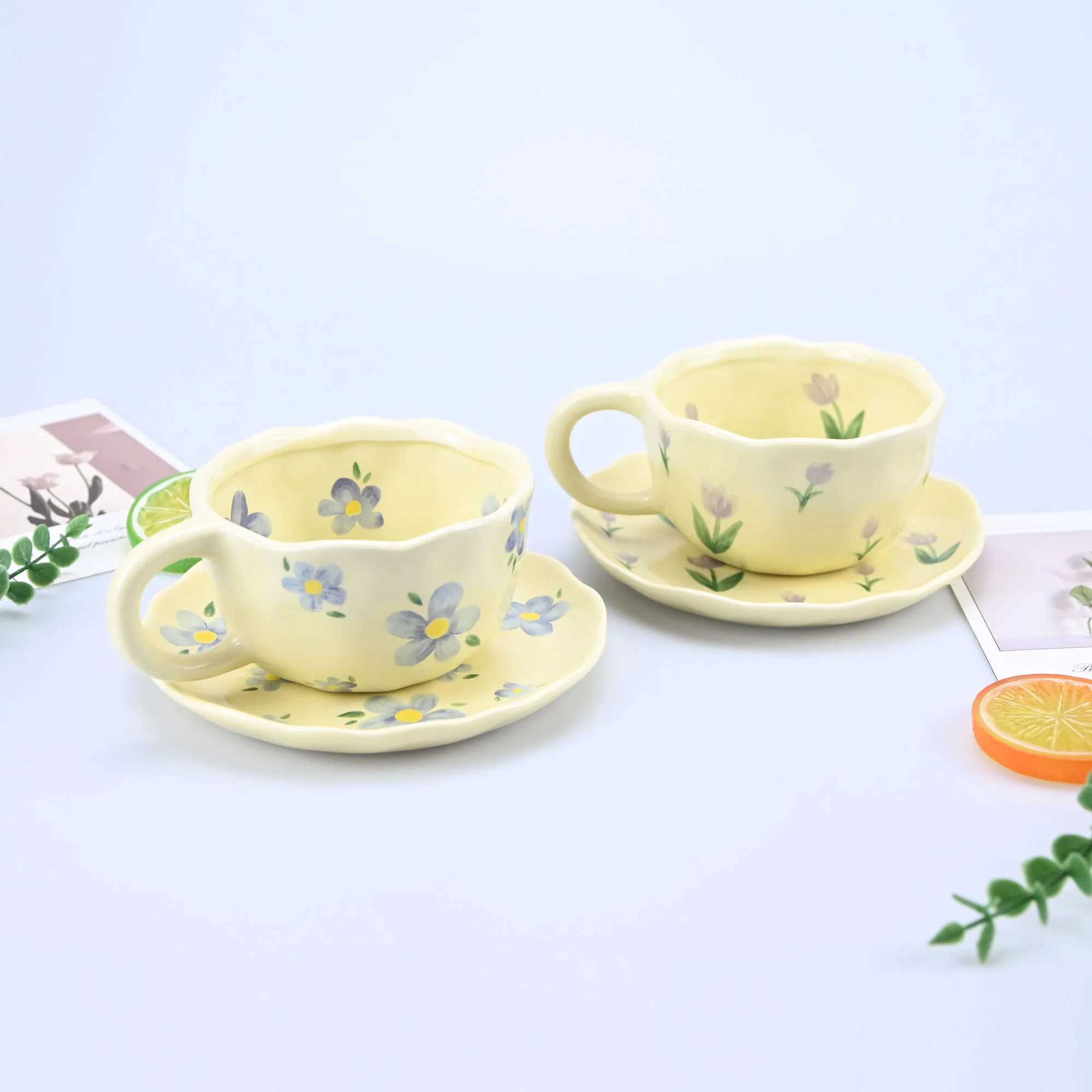2PCS/Set High-end Coffee Cups And Saucers High-value Ceramic Mugs Business-style Latte Art Coffee Cups Hand-pinched Cups H260323