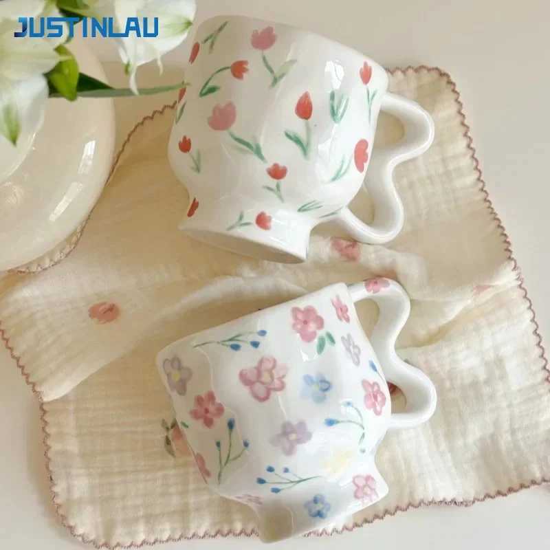 JUSTINLAU Ceramic Mugs Irregular Flower Coffee Milk Cups with Creative Handle Breakfast Cereal Juice Cup Home/Office Drinkware H260323