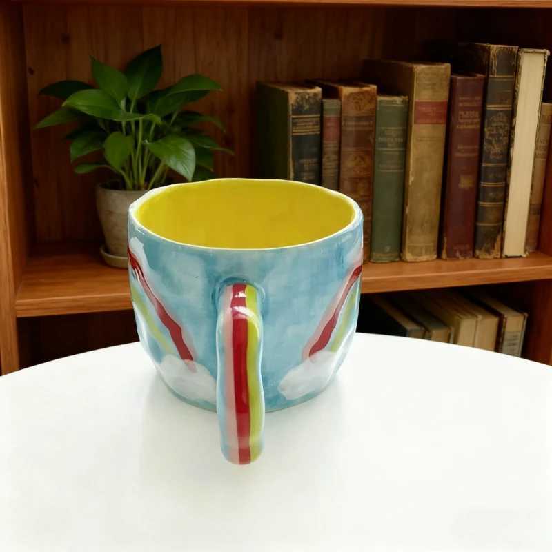 Rainbow Korean Ins Style Hand Pinched Irregular Ceramic Mugs Hand-painted Flower Coffee Cups Milk Tea Cup Valentines Day Gift H260323