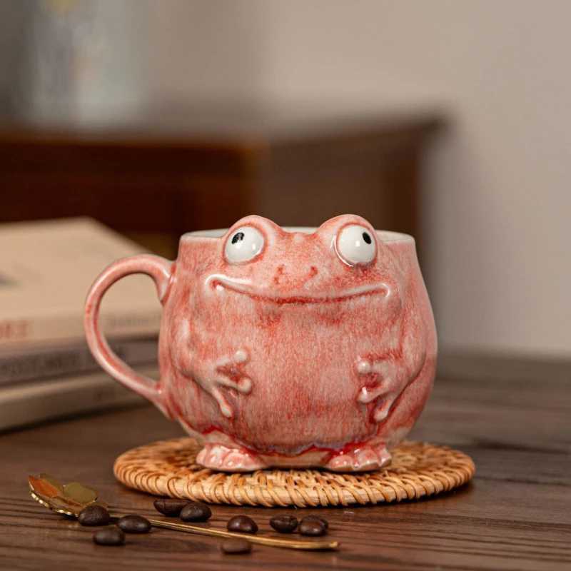 Frog Design Ceramic Mug with Spoon Cute Coffee Cup Gift Set for Office Home Use Vintage Style Drinkware Decor D260323