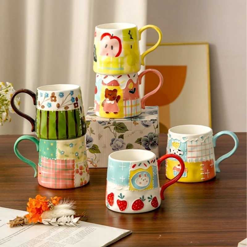 Ins Style Underglaze Color Embossed Pattern Ceramic Mug Home Desktop High-looking Girl Drinking Cup Childrens Gift Drinkware H260323
