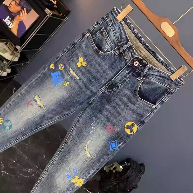 2026 Designer Luxury Jeans High-end Retro Fashion Men's Printed Slim Fit Pants Elastic Tear Street Sports Trend Brand Skateboarding Sports Jeans 