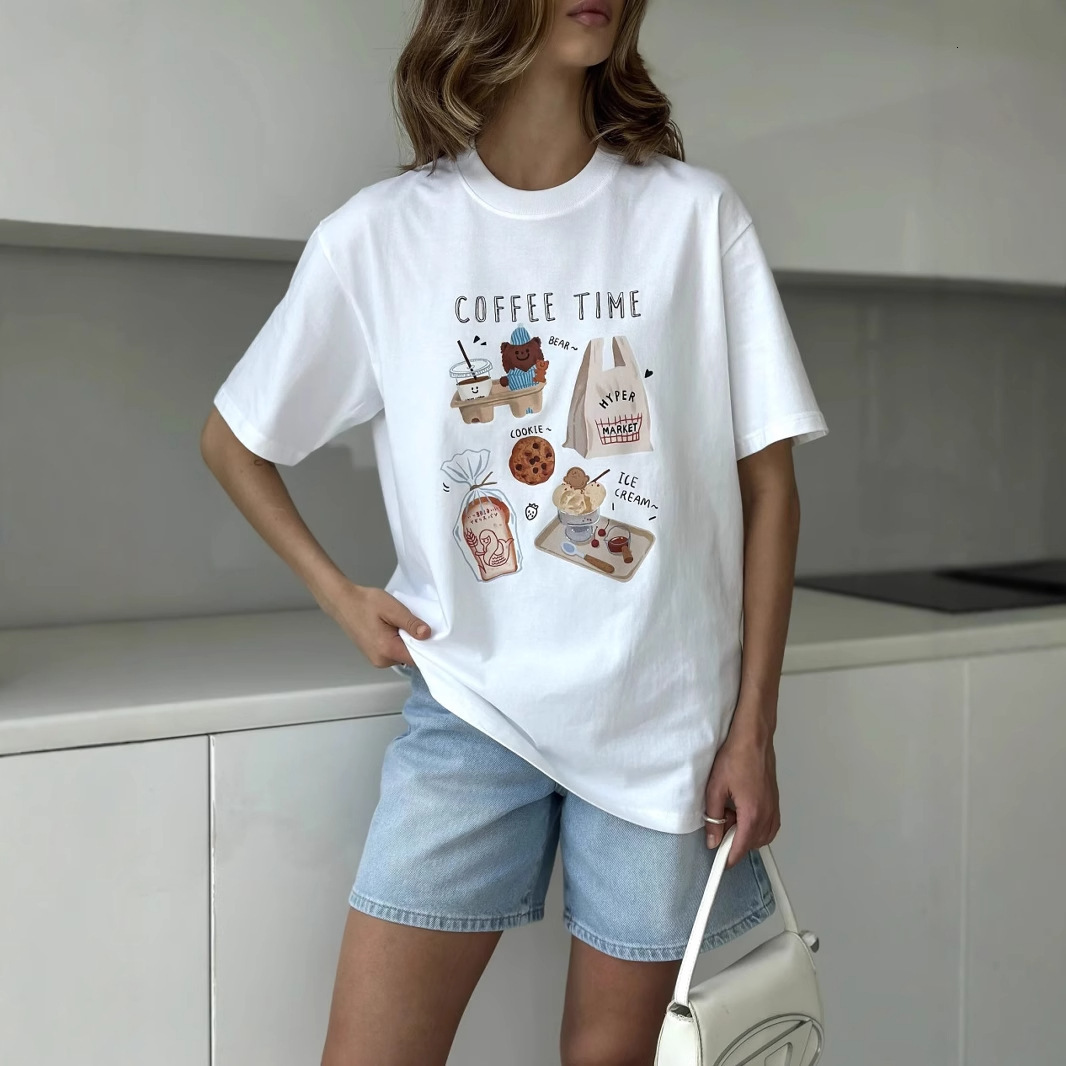 Niche Design Cute Print Round Neck Regular Shoulder Short Sleeve Designer Hoodie T-shirt For Women Summer New Versatile Polo White Designer T-shirt Top For Women