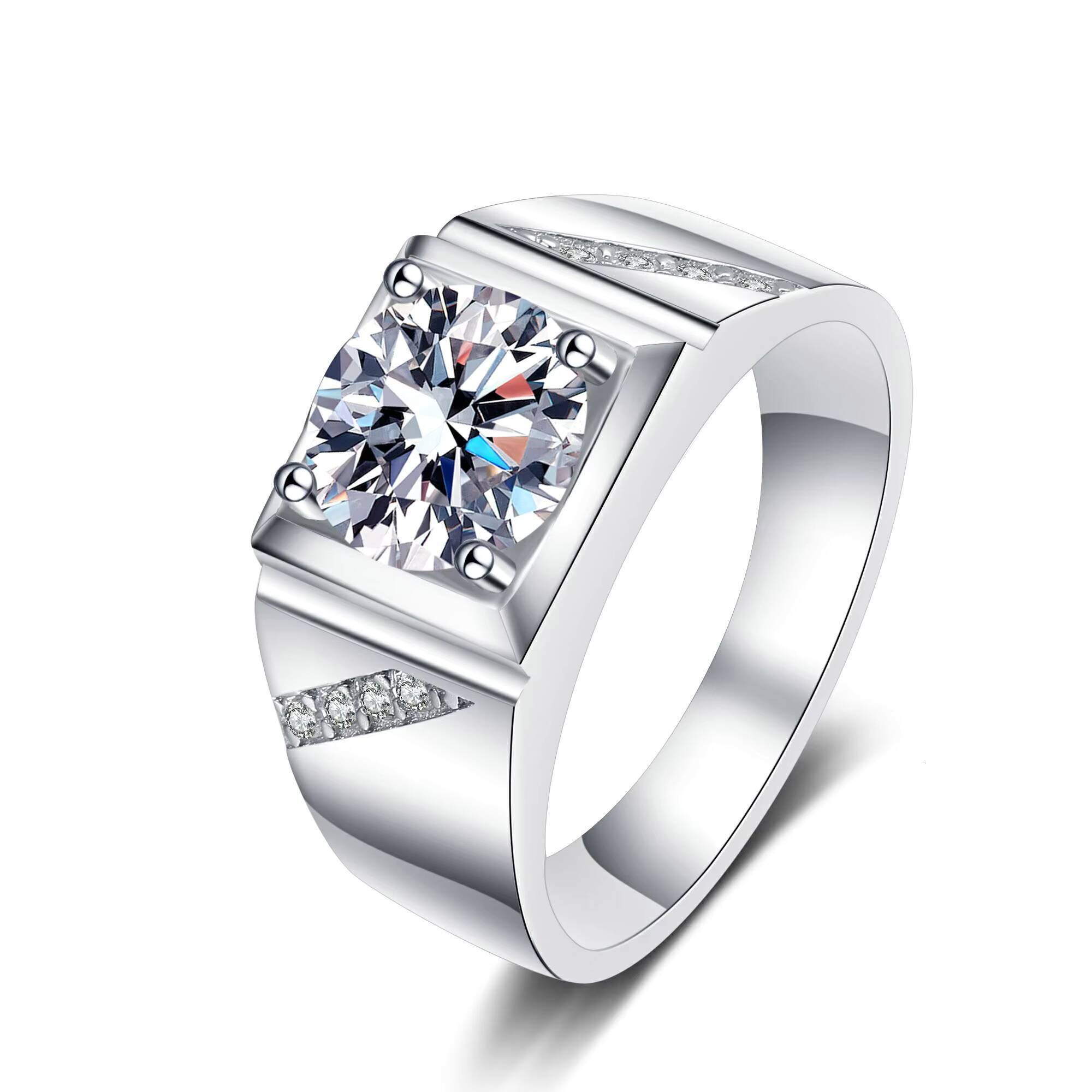 Fine Rhodium Plated Jewelry 925 Sterling Silver Wedding Ring 2CT Round Cut VVS Moissanite Engagement Ring for Men