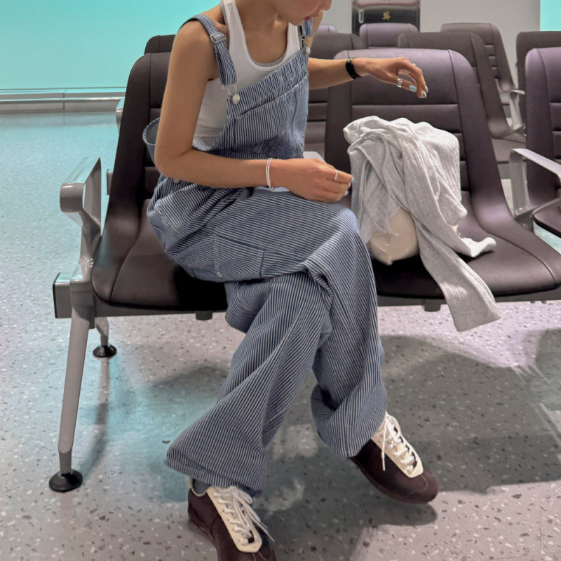 Korean Dongdaemun Youthful Designer Pants Vertical Striped Loose Casual Denim Overalls For Women