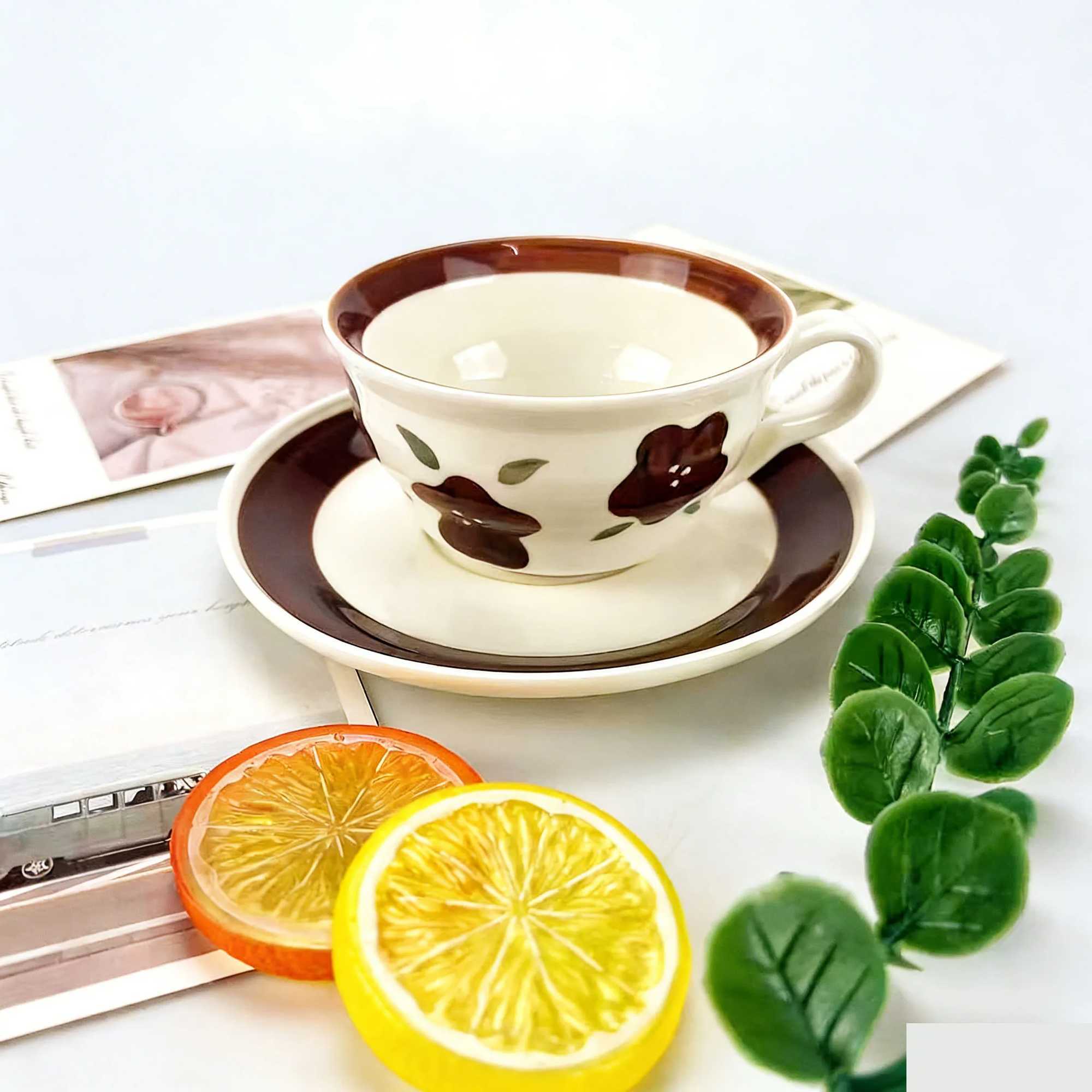 1PC Ceramic Coffee Cup and Saucer Set Ins-style Floral Pattern Couple Cups Household Afternoon Tea Cups High-value Mugs H260323