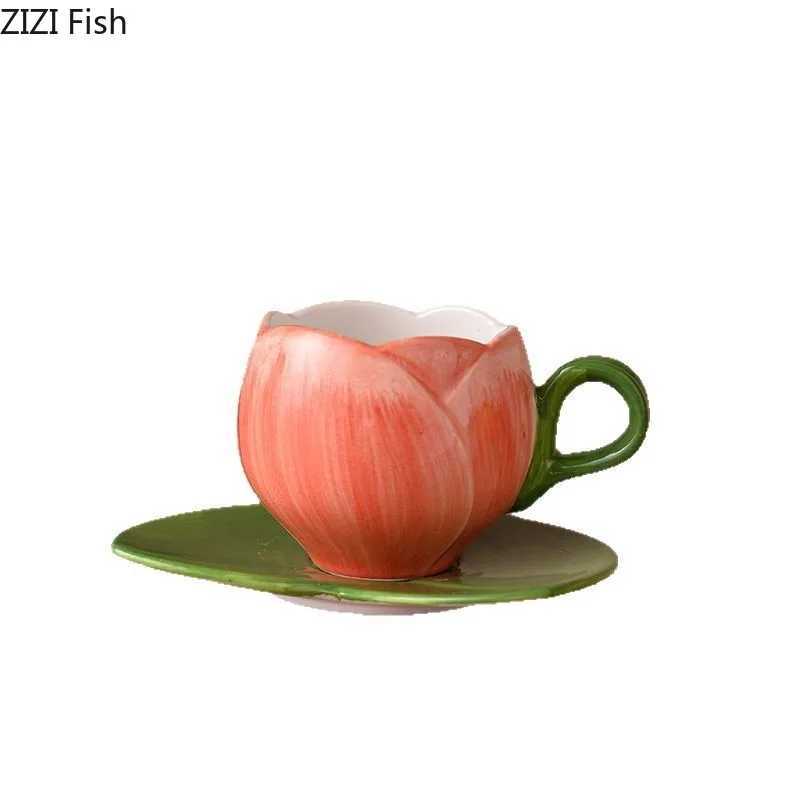 Tulip Flower Shaped Cupsaucer Dining Table Coffee Mug Delicate Porcelain Mugs Afternoon Tea Teacup Fruit Juice Container H260323