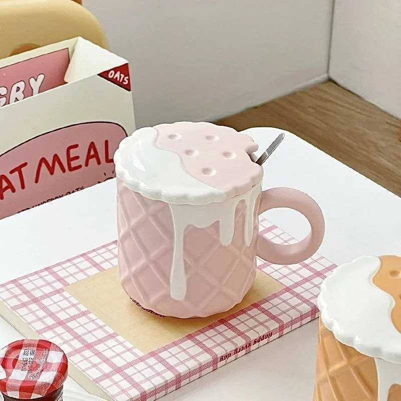 1pc 400ML Biscuit Pattern Coffee Mug With Lid And Spoon Ceramic Coffee Cups Cute Kawaii Water Cup Summer Winter Drinkware Gifts D260323