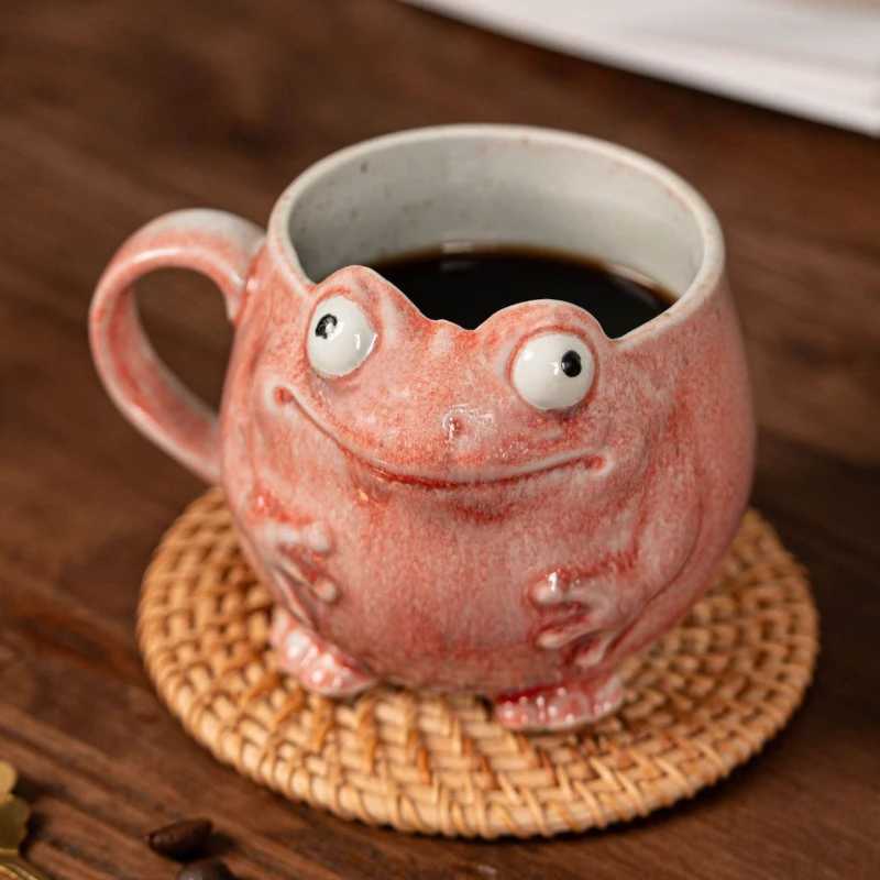 Frog Design Ceramic Mug with Spoon Cute Coffee Cup Gift Set for Office Home Use Vintage Style Drinkware Decor D260323