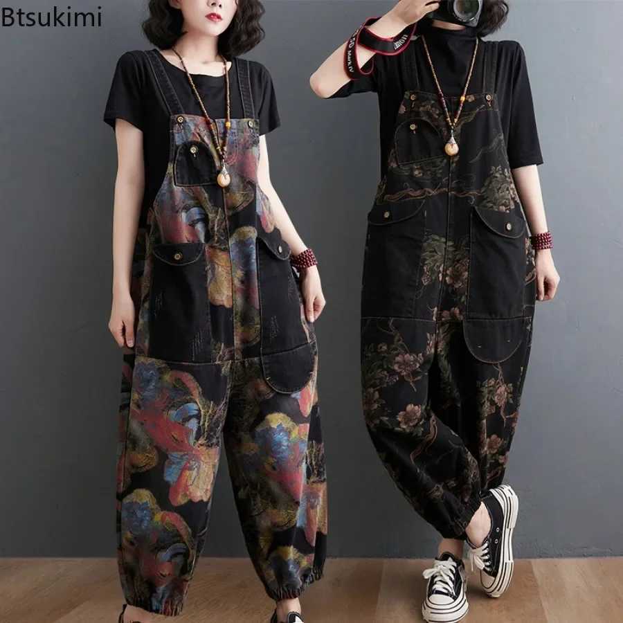 New 2026 Womens Fashion Loose Print Denim Jumpsuit with Big Pockets Vintage Casual Overalls Ladies Jeans Straps Pants Oversized M260323