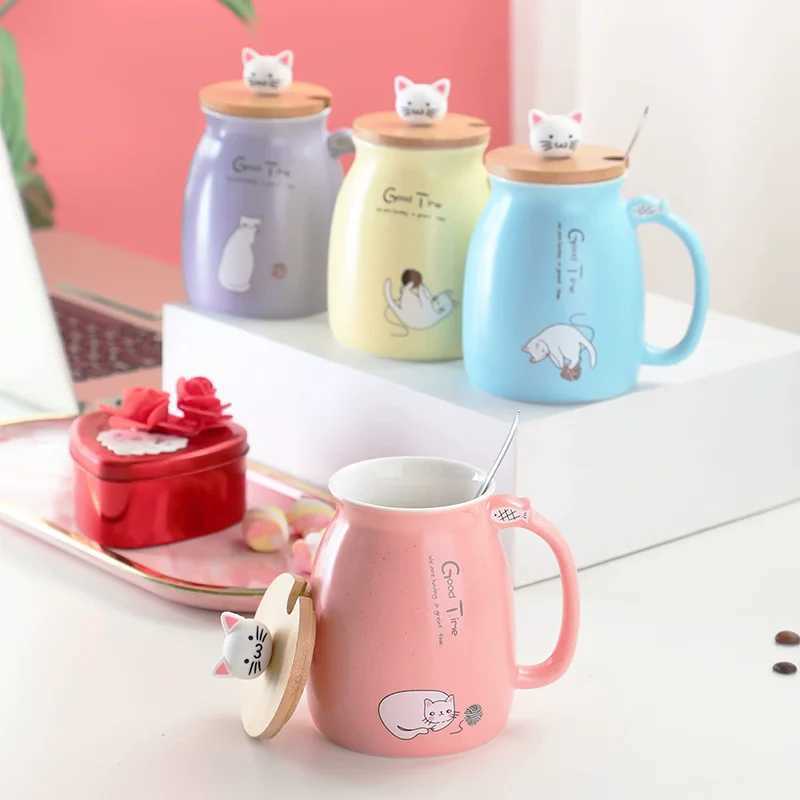 Creative color cat heat-resistant Mug cartoon with lid 380ml cup kitten coffee ceramic mugs children cup office Drinkware gift D260323
