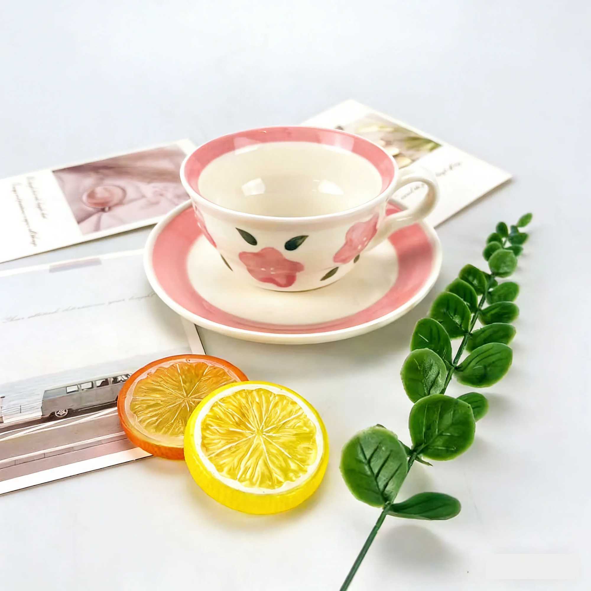 1PC Ceramic Coffee Cup and Saucer Set Ins-style Floral Pattern Couple Cups Household Afternoon Tea Cups High-value Mugs H260323