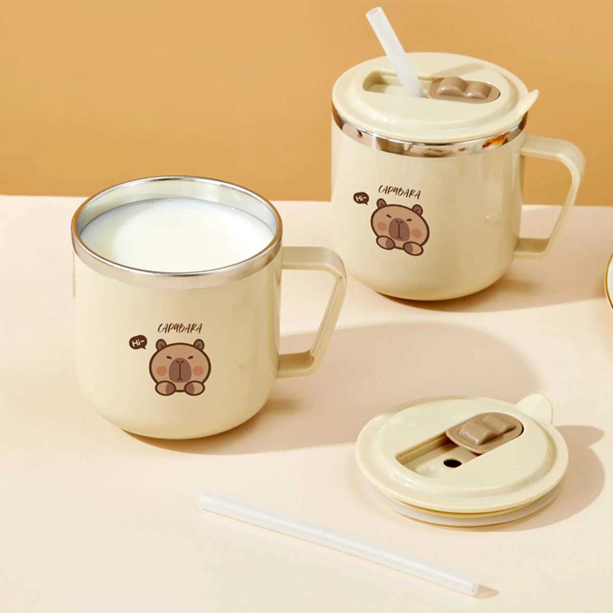 WORTHBUY Cute Capybara 316 Stainless Steel Kid Water Cup With Straw 270ml Double Wall Insulated Mug Leak-proof Milk Coffee Cup D260323