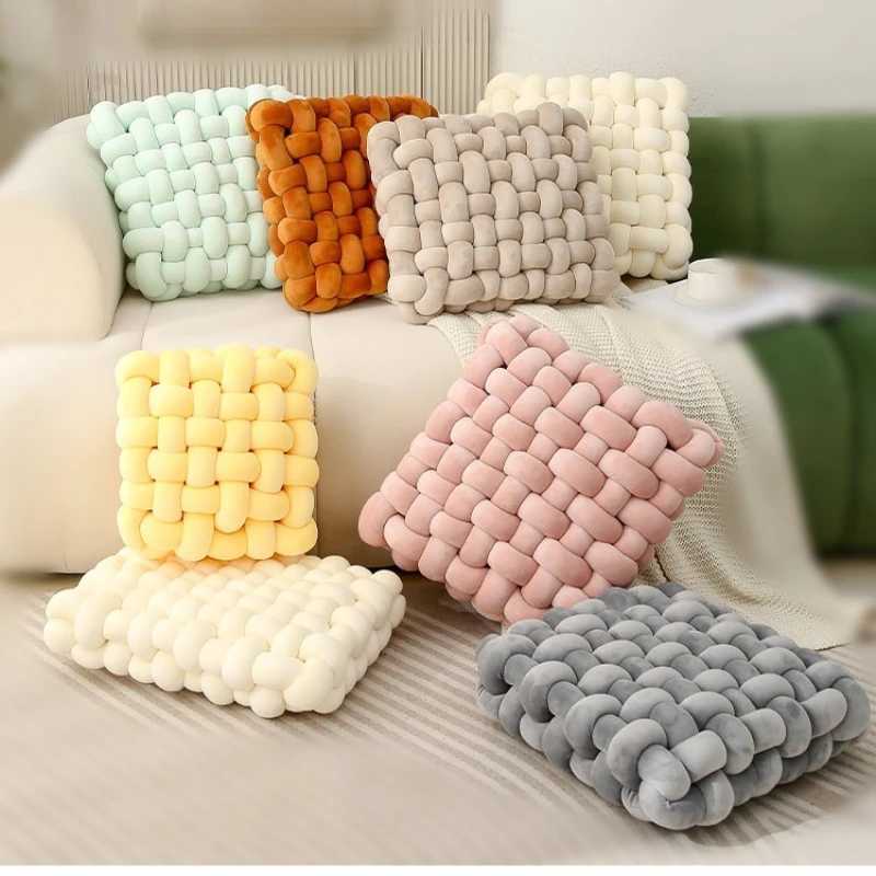 Living Room Soft Plush Knot CushionSofa Pillow Solid Square Hand-Woven Home Throw PillowSquare Woven Seat Cushion H260323