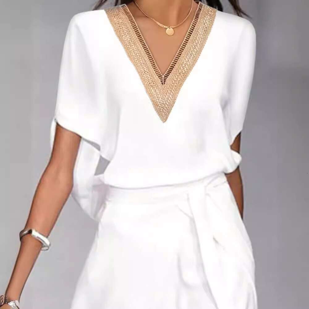 Dress designer dress European and American Summer Fashion Mature Women's Lace Trim V-neck Ti