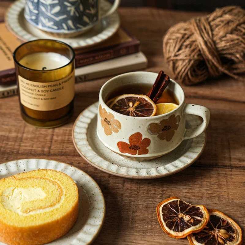 High-class Sense of Retro Coffee Cups and Saucers Set of Creative Rough Pottery Flower Cups Household High-grade Exquisite Mugs H260323