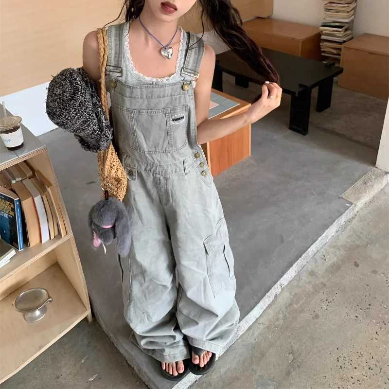American Retro Design Gray Workwear Large Pocket Womens Jumpsuits 2026 Spring New Loose Sweet Cool Wide Leg Trousers Ladies M260323