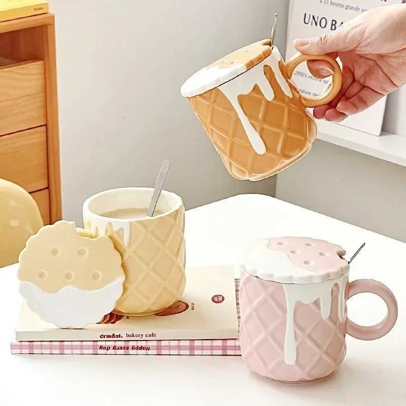 1pc 400ML Biscuit Pattern Coffee Mug With Lid And Spoon Ceramic Coffee Cups Cute Kawaii Water Cup Summer Winter Drinkware Gifts D260323