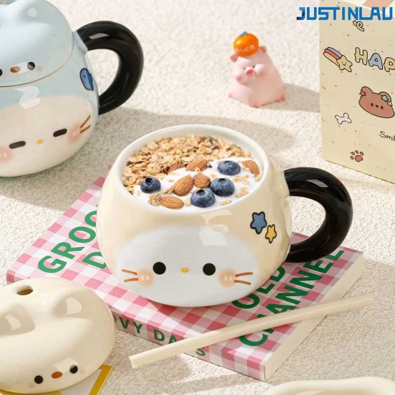 Set of Sesame-shaped Ceramic Cup Cat Grass Straw Cup with Lid and Straw Coffee Cup Breakfast Milk Cup Instagram-style Coffee Cup D260323