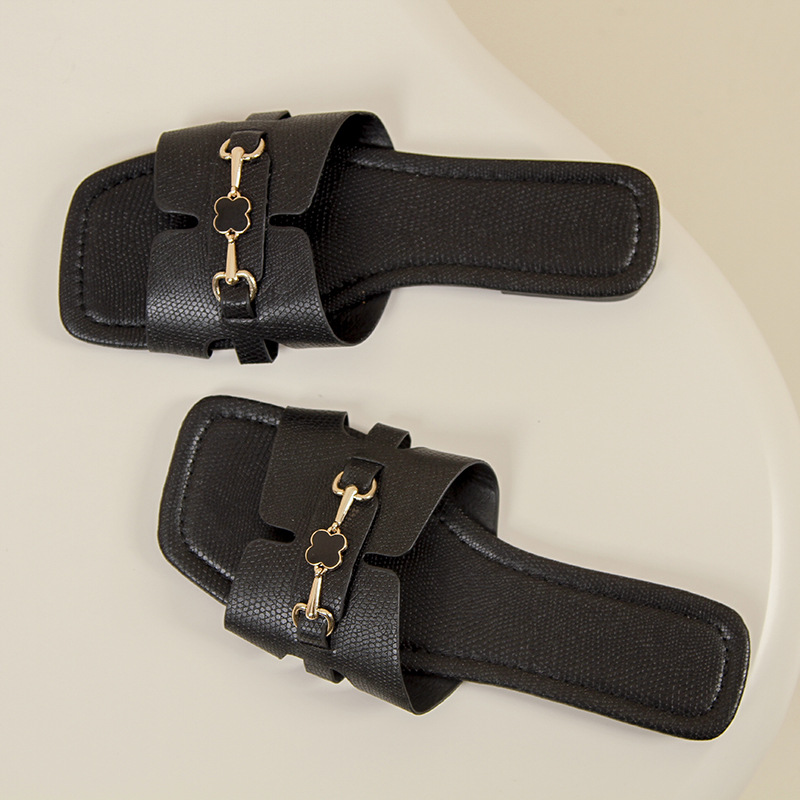 Fashion slippers 2026 Women's Square Toe Slide Sandals Gold Horsebit Buckle Decor Flat Casual Slippers